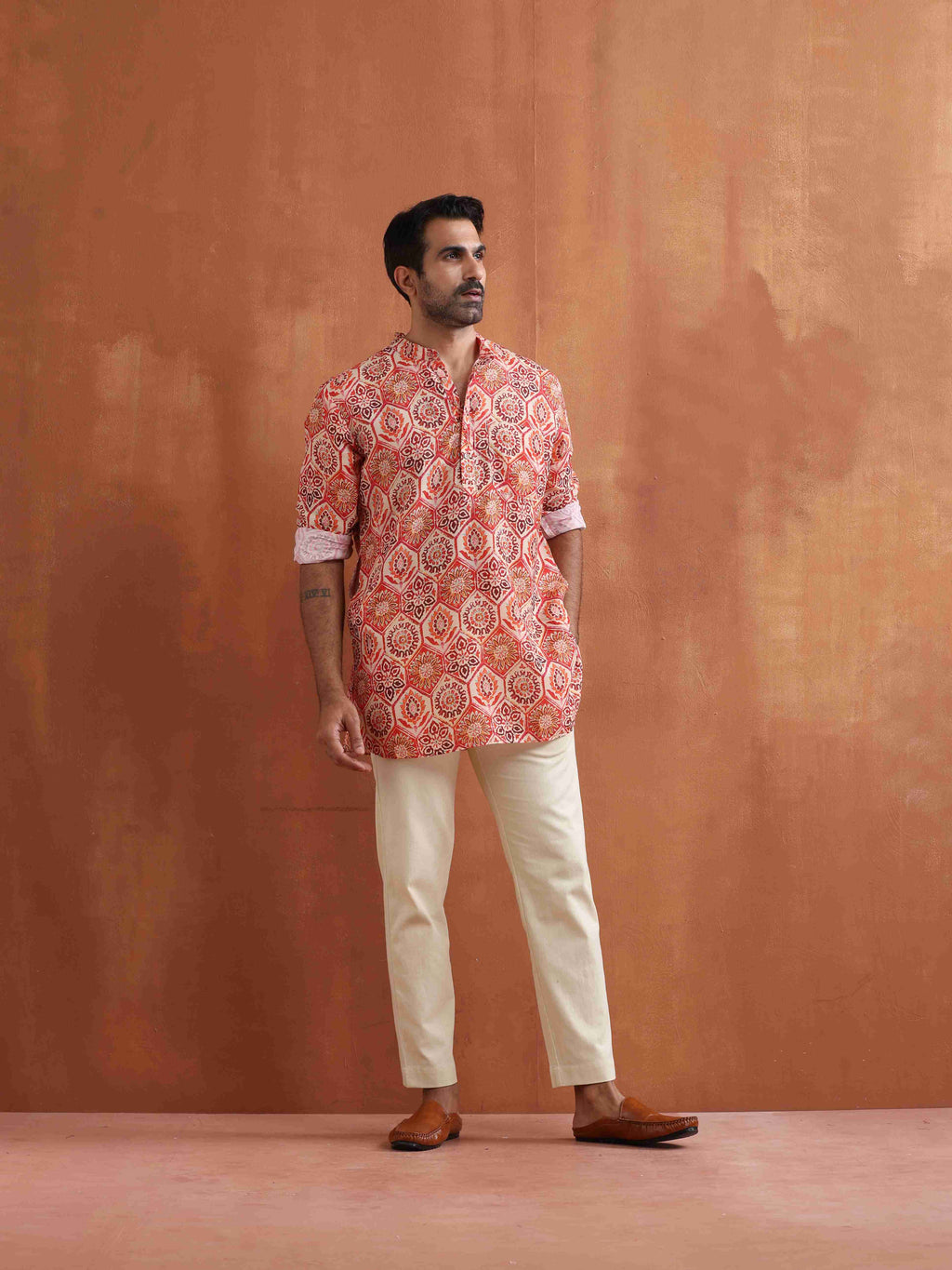 trueBrowns Men's Beige Printed Short Kurta | Grocsy