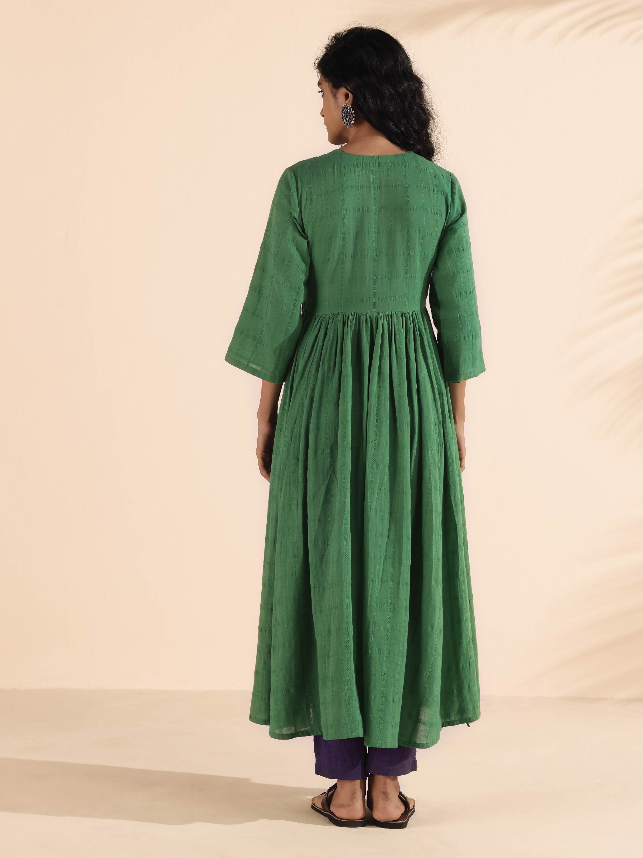 trueBrowns Green Cotton Dobby Flared Kurta Pant Set | Grocsy