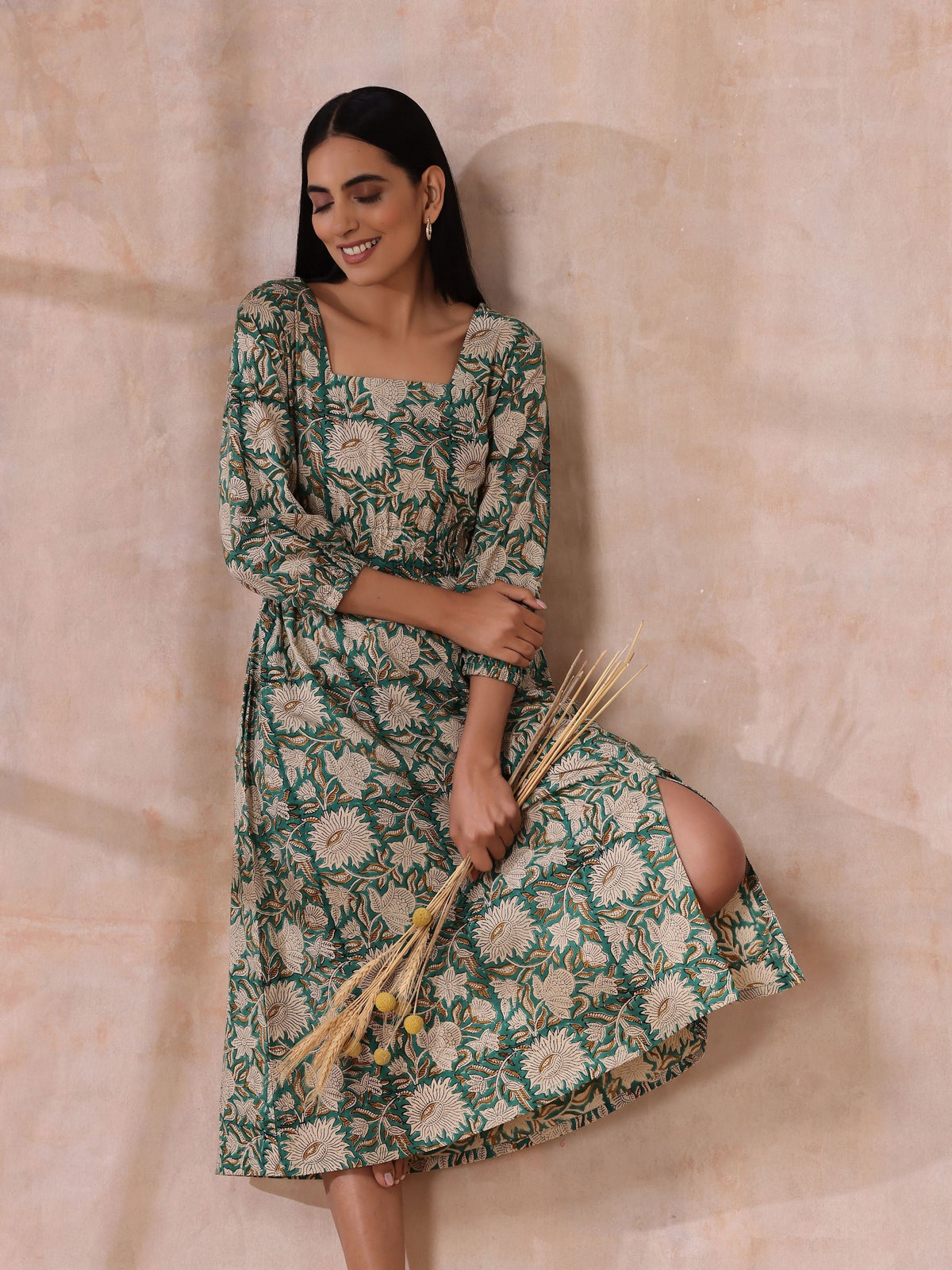 trueBrowns Fern Green Overall Floral Block Print Cotton Square Neck Dress | Grocsy