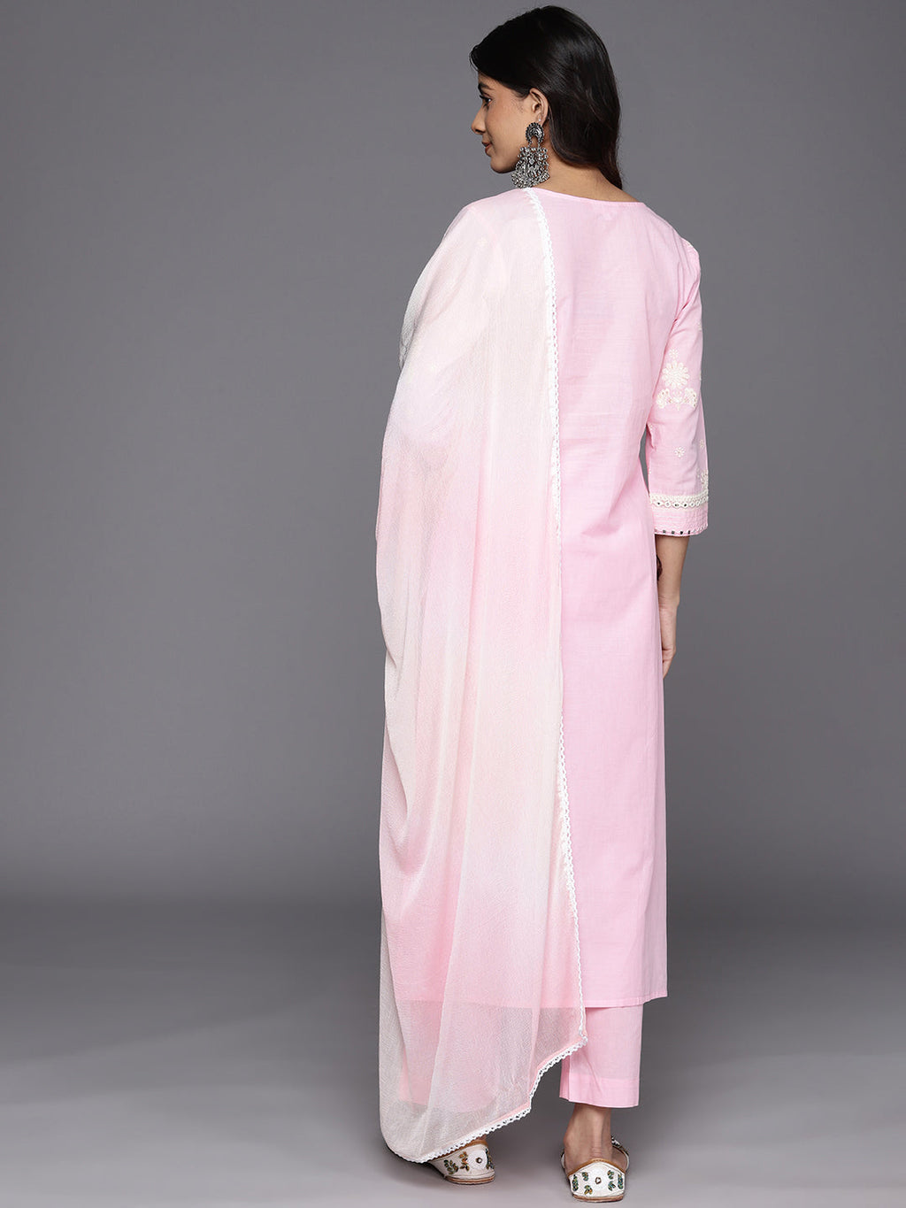 KSUT (House of Varanga) Pink Thread And Mirror Embroidered Kurta Paired With Straight Trouser And Chiffon Dupatta | Grocsy