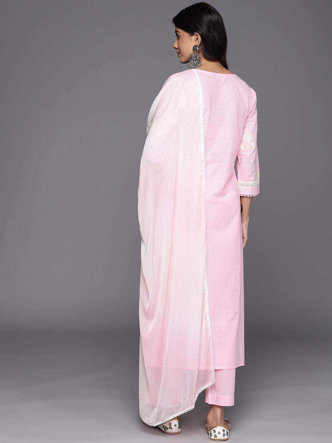 KSUT (House of Varanga) Pink Thread And Mirror Embroidered Kurta Paired With Straight Trouser And Chiffon Dupatta | Grocsy