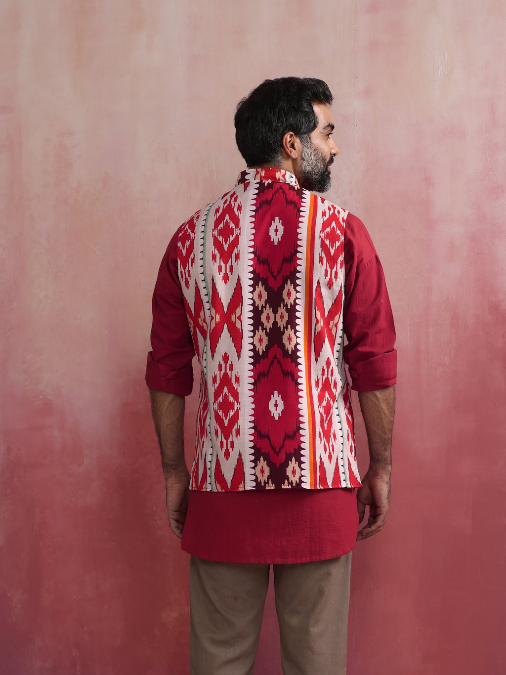 trueBrowns Men's Maroon Ikat Print Cotton Reversible Nehru Jacket | Grocsy