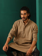 trueBrowns Men's Beige Dobby Textured Kurta | Grocsy