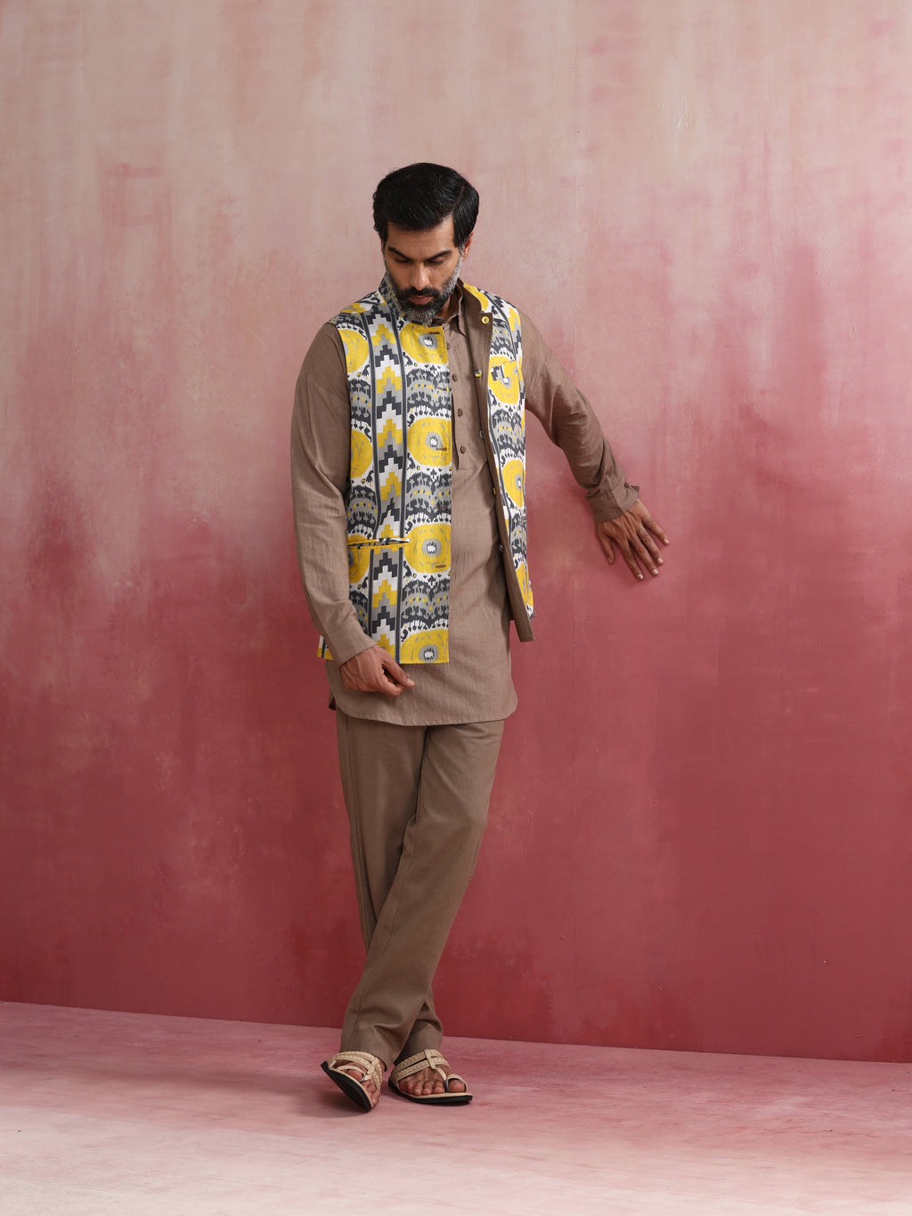 trueBrowns Men's Grey Ikat Print Cotton Reversible Nehru Jacket | Grocsy