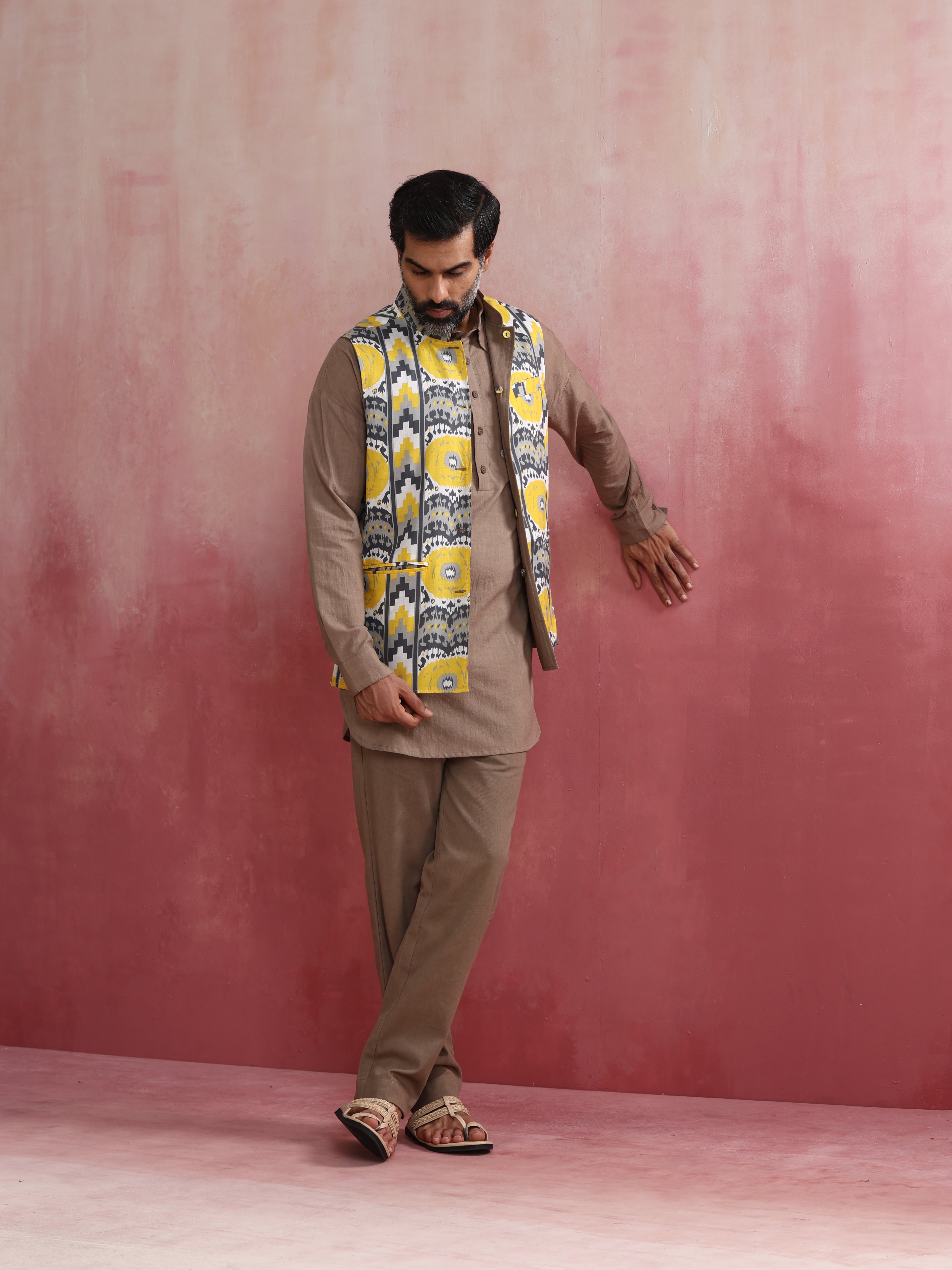 trueBrowns Men's Grey Ikat Print Cotton Reversible Nehru Jacket | Grocsy