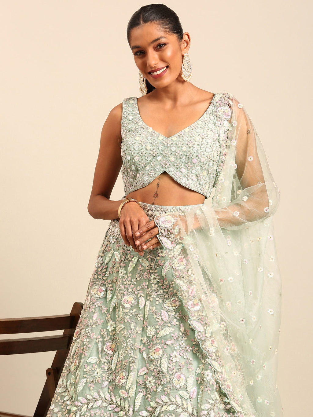 House of Panchhi Sea green Net Multi Sequins with heavy Zarkan embroidery Lehenga choli & Dupatta | Grocsy