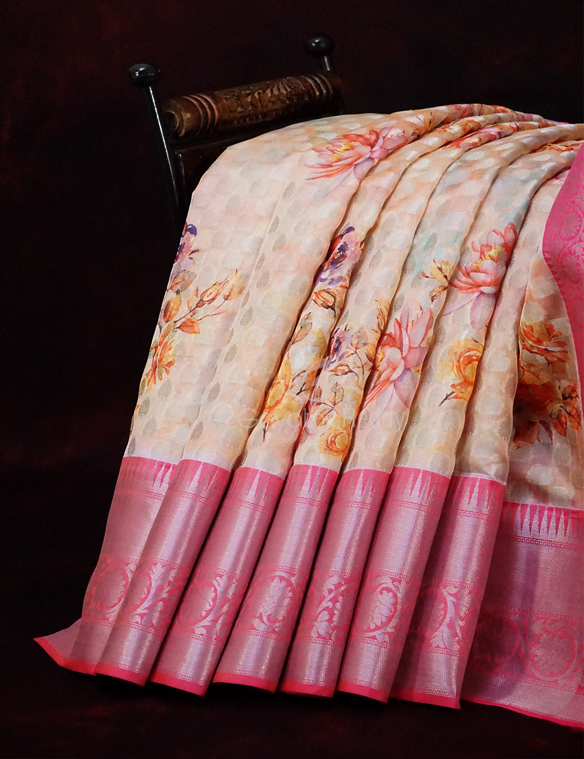 Pastel Wheat Banaras Border Buttes Floral Design Banarasi Semi Silk Saree By Gayathri Reddy Designer Studio | Grocsy