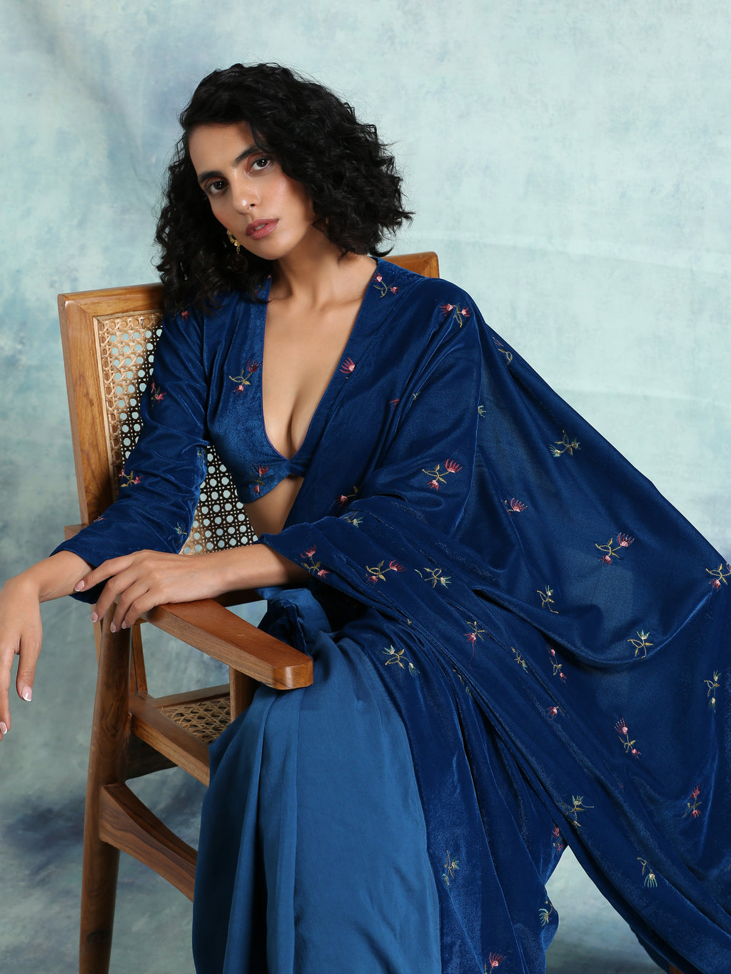 trueBrowns Blue Embroidered Velvet Ready to Wear Saree | Grocsy
