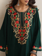 trueBrowns Green Kashmiri Floral Embroidered Woollen Phiran Kurta | Grocsy