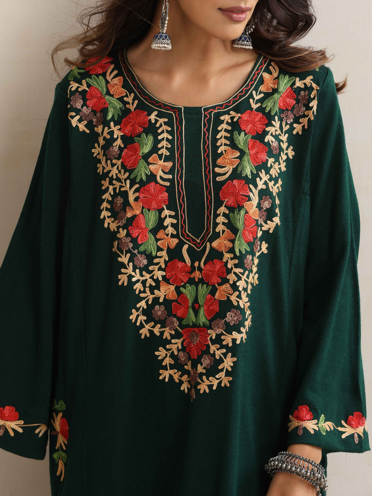 trueBrowns Green Kashmiri Floral Embroidered Woollen Phiran Kurta | Grocsy