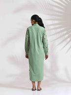 trueBrowns Green Cotton Embroidered Shirt Dress | Grocsy