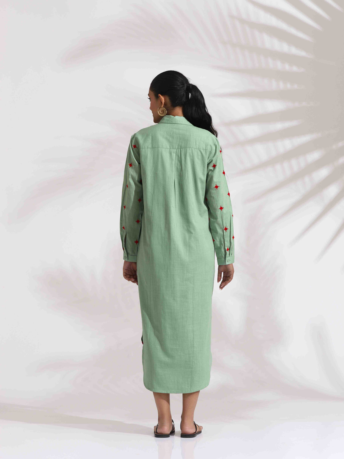 trueBrowns Green Cotton Embroidered Shirt Dress | Grocsy