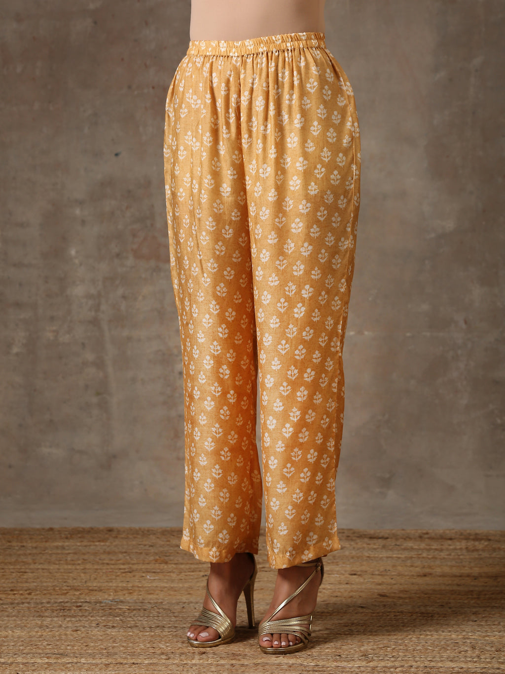 trueBrowns Beige White Flared Printed Silk Kurta Pant Set | Grocsy