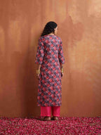 trueBrowns Pink Print High Slit Kurta Set | Grocsy