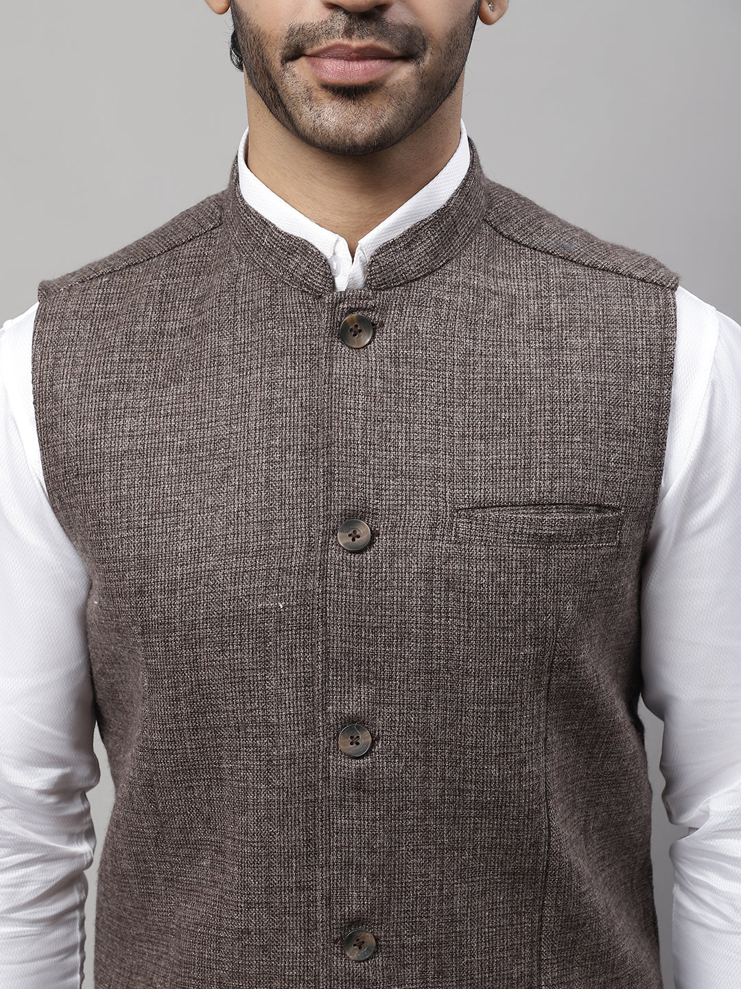 Even Apparels Men's Brown Nehru Jacket With Welt Pockets | Grocsy