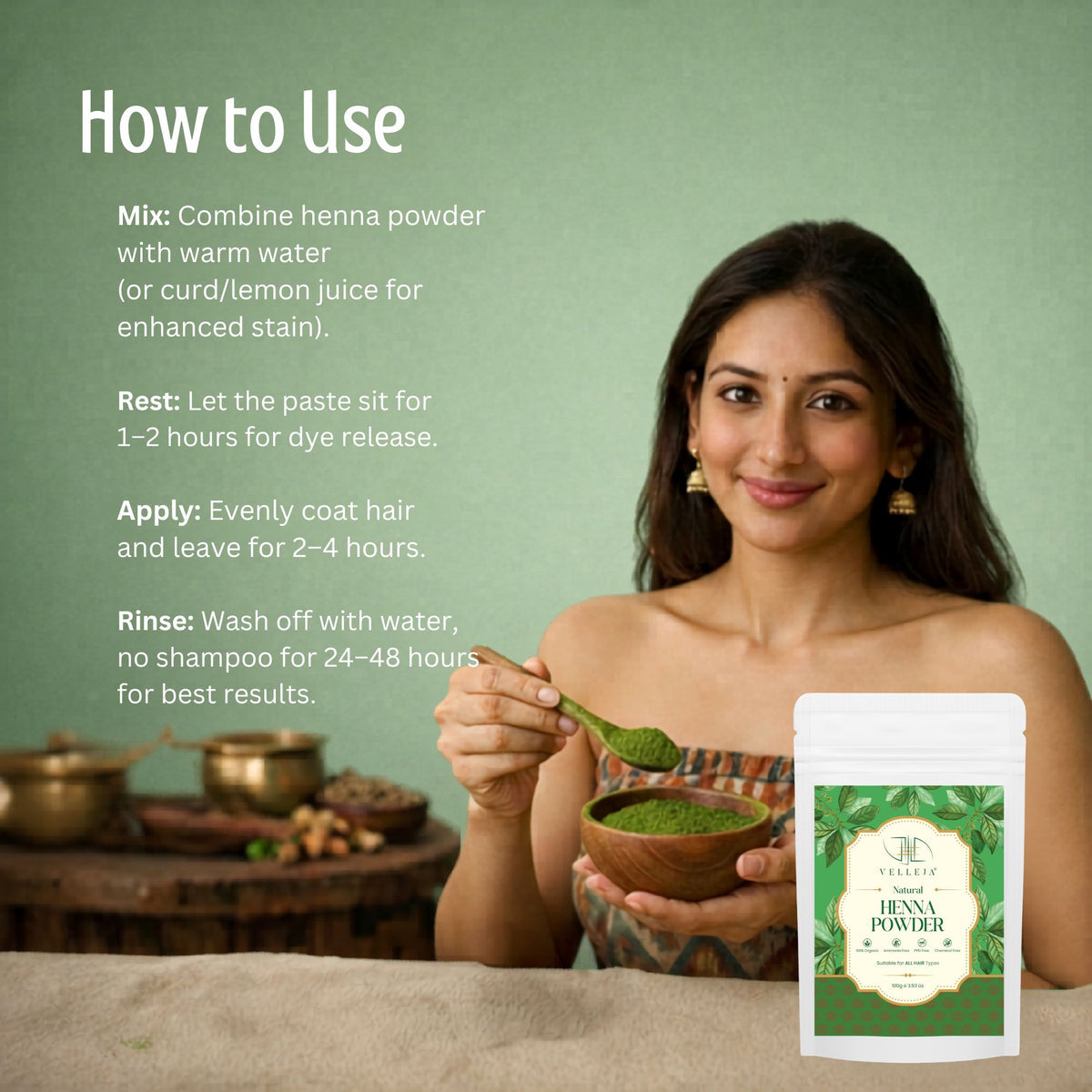 Velleja Herbal Henna Powder for Natural Hair Colour | Enriched with Amla, Bhringraj & Shikakai | Grocsy