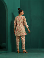 trueBrowns Pink Floral Cotton Printed Neck Pleat Co-ord Set | Grocsy