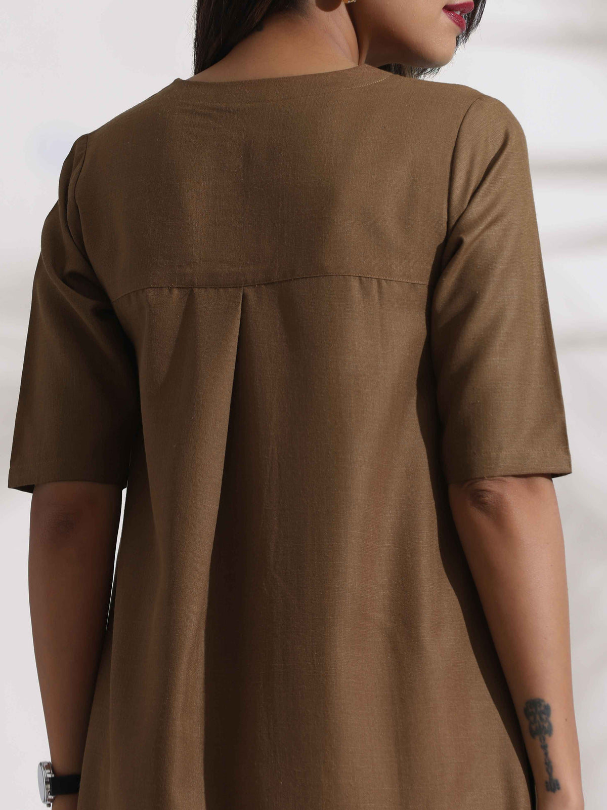 trueBrowns Brown Slub Highslit Kurta Set | Grocsy