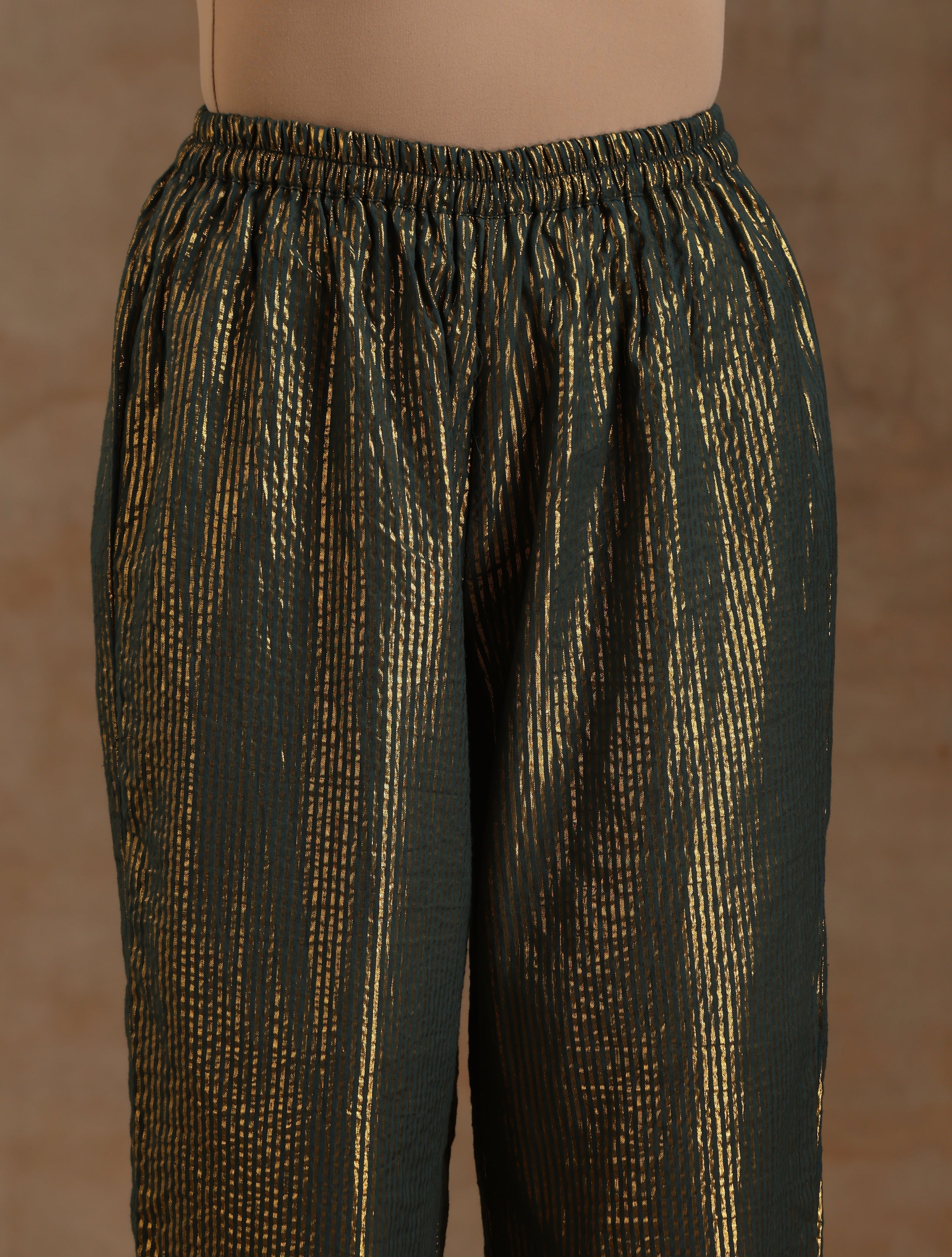 trueBrowns Dark Green Gold Cotton Side Gather Co-Ord Set | Grocsy