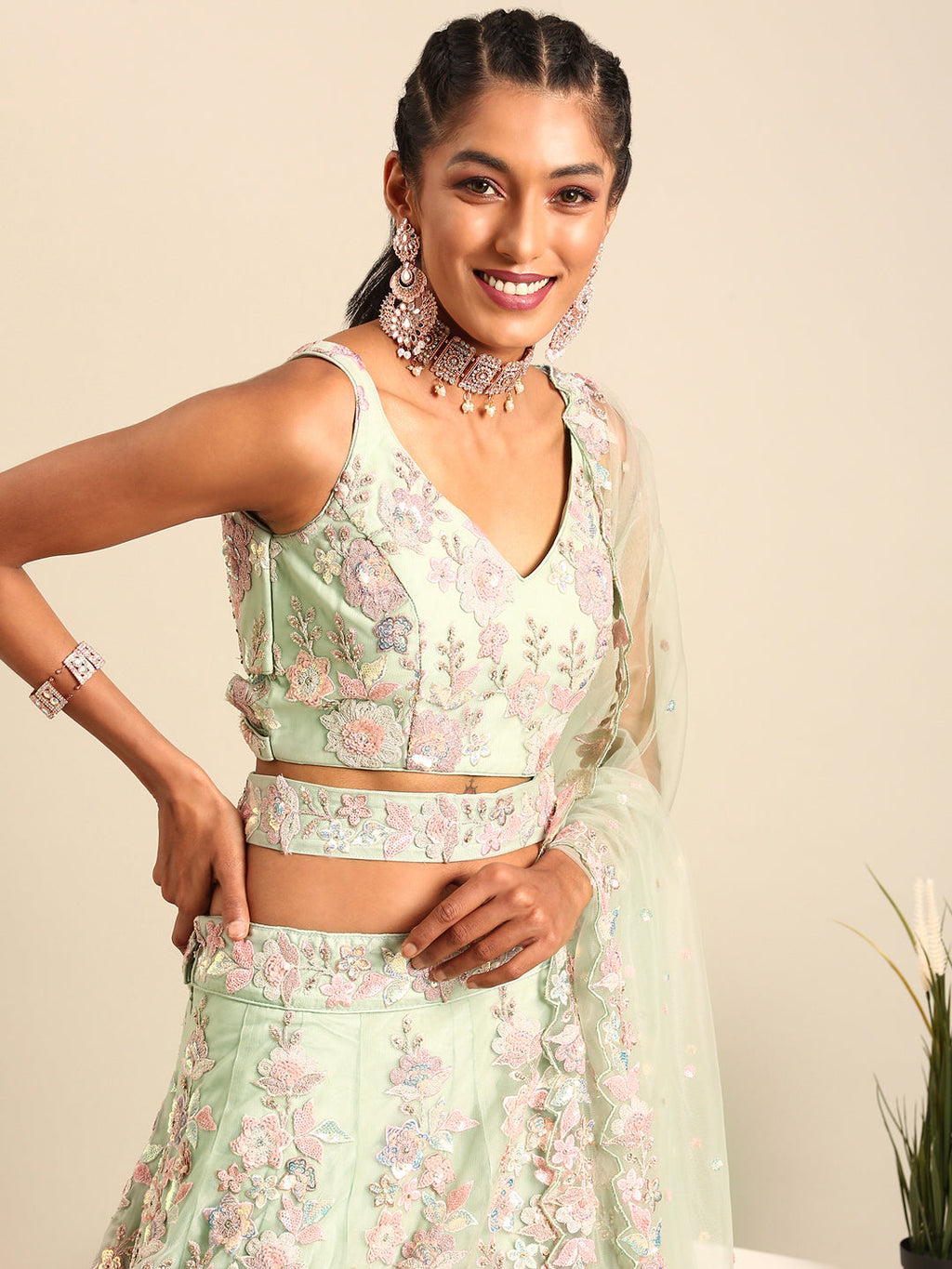 House of Panchhi Lime Green Net Sequins with heavy Zarkan embroidery Lehenga choli & Dupatta | Grocsy