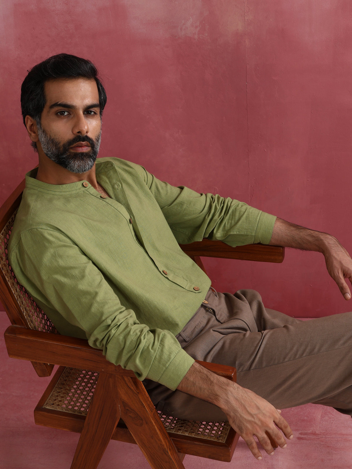 trueBrowns Men's Pista Green Cotton Mandarin Collar Stylized Kurta | Grocsy