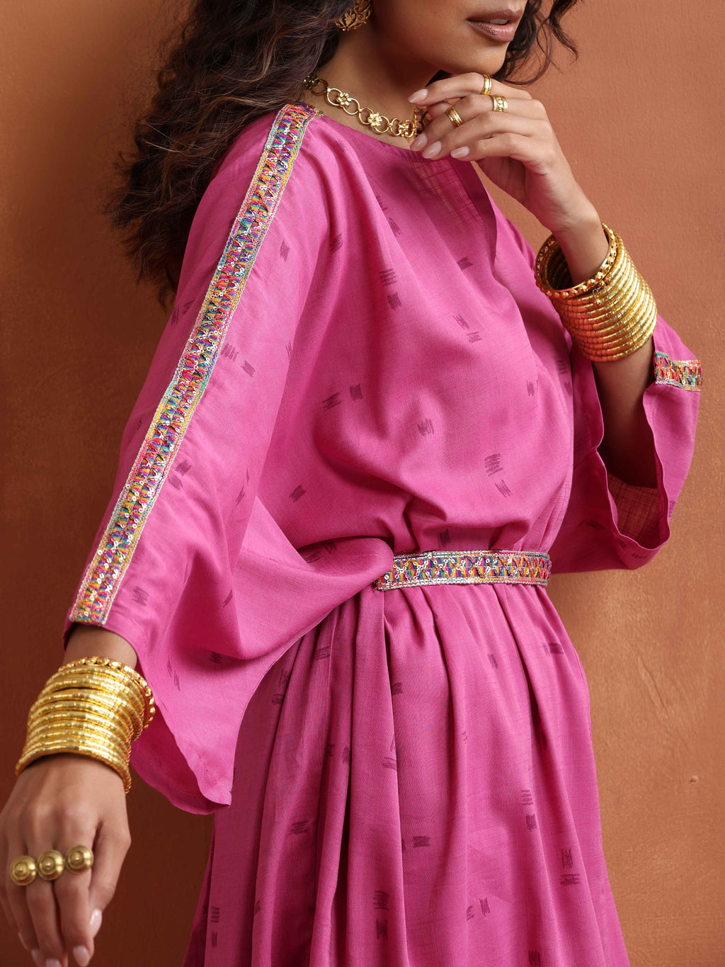 trueBrowns Pink Print Kaftan Kurta Co-ord Set | Grocsy