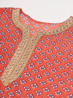 InWeave Women's Coral Blue Boota Print Gota Straight Kurta | Grocsy