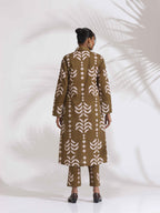 trueBrowns Olive Green Cotton Stripe Print Shirt Kurta Set | Grocsy