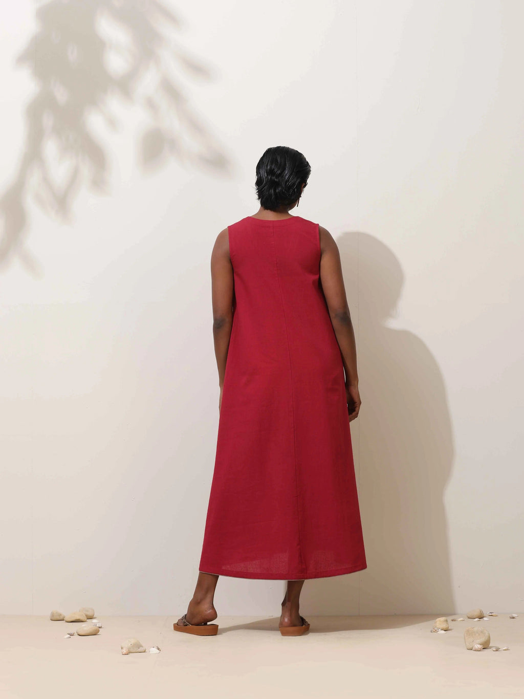 trueBrowns Maroon Cotton Linen Dress | Grocsy