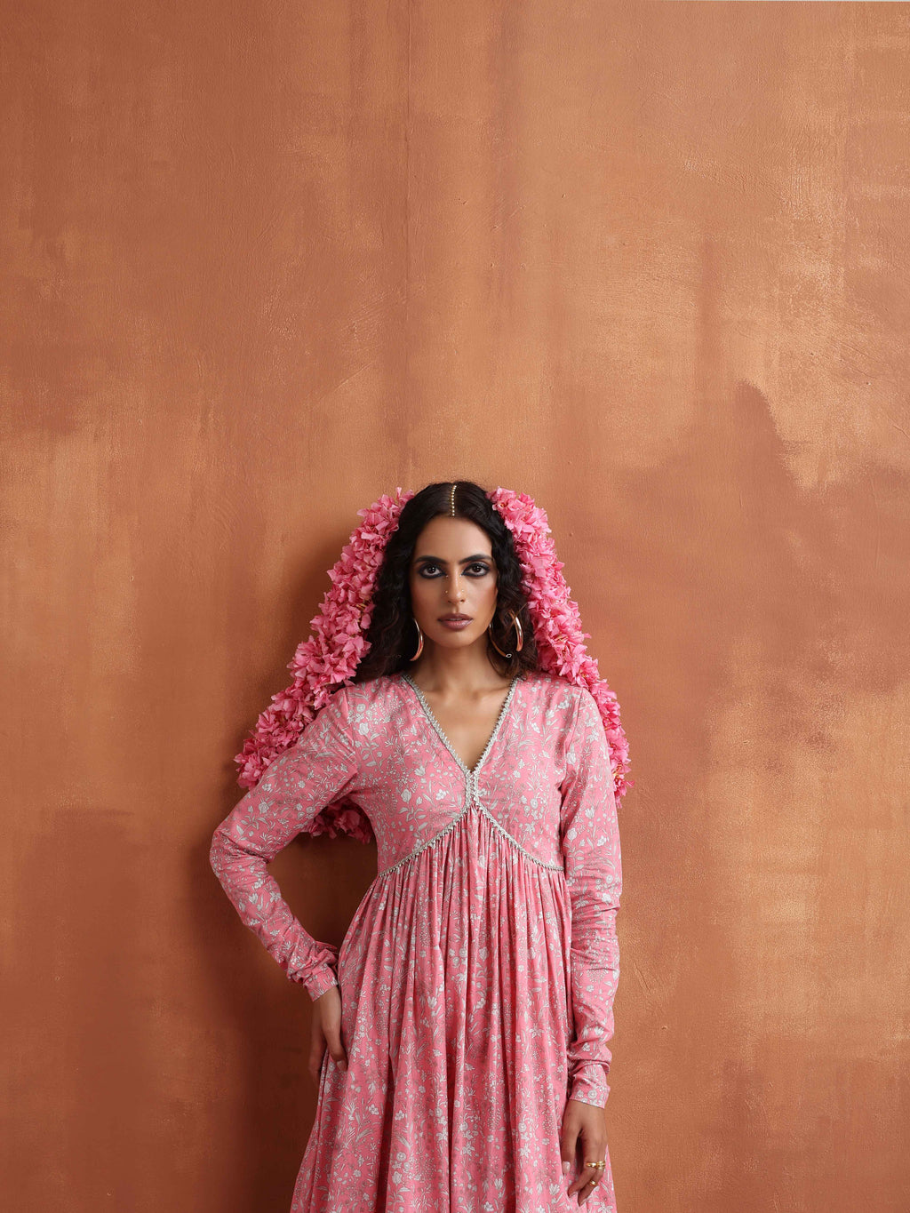 trueBrowns Pink Print Flared Anarkali Kurta Set | Grocsy