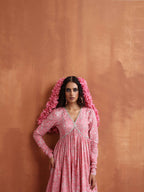 trueBrowns Pink Print Flared Anarkali Kurta Set | Grocsy