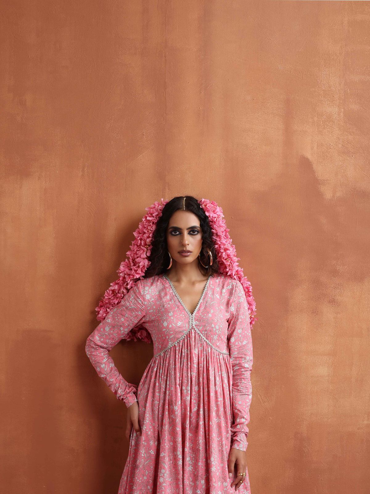 trueBrowns Pink Print Flared Anarkali Kurta Set | Grocsy