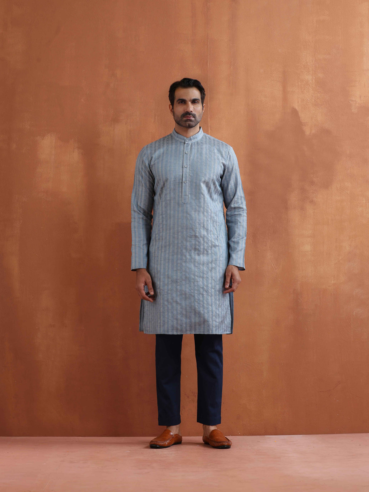 trueBrowns Men's Blue Chanderi Kurta | Grocsy