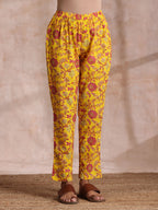 trueBrowns Sunshine Yellow Overall Floral Block Print Cotton Kurta Pant Dupatta Set | Grocsy