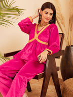 InWeave Women's Magenta Mughal Shaan Style Velvet Short Kurta Set | Grocsy