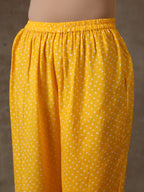 trueBrowns Yellow Bandhani Flare Printed Silk Co-Ord Set | Relove | Grocsy