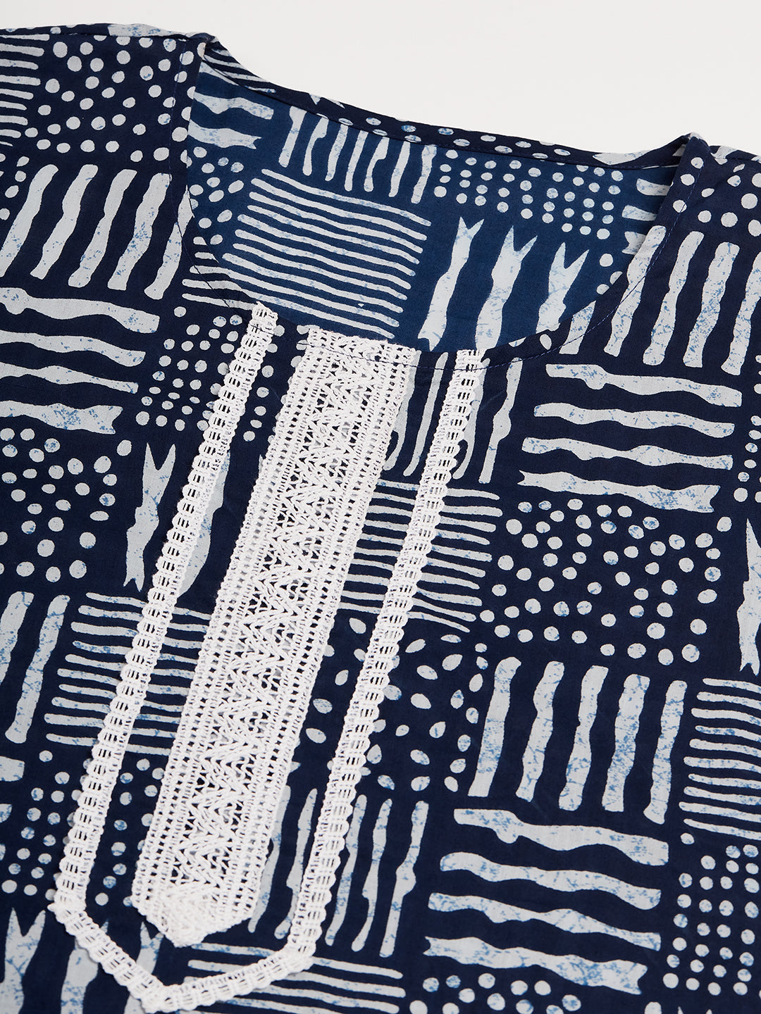 InWeave Women's Ankola Indigo With Tiles Hand Block Print Lace Straight Kurta | Grocsy