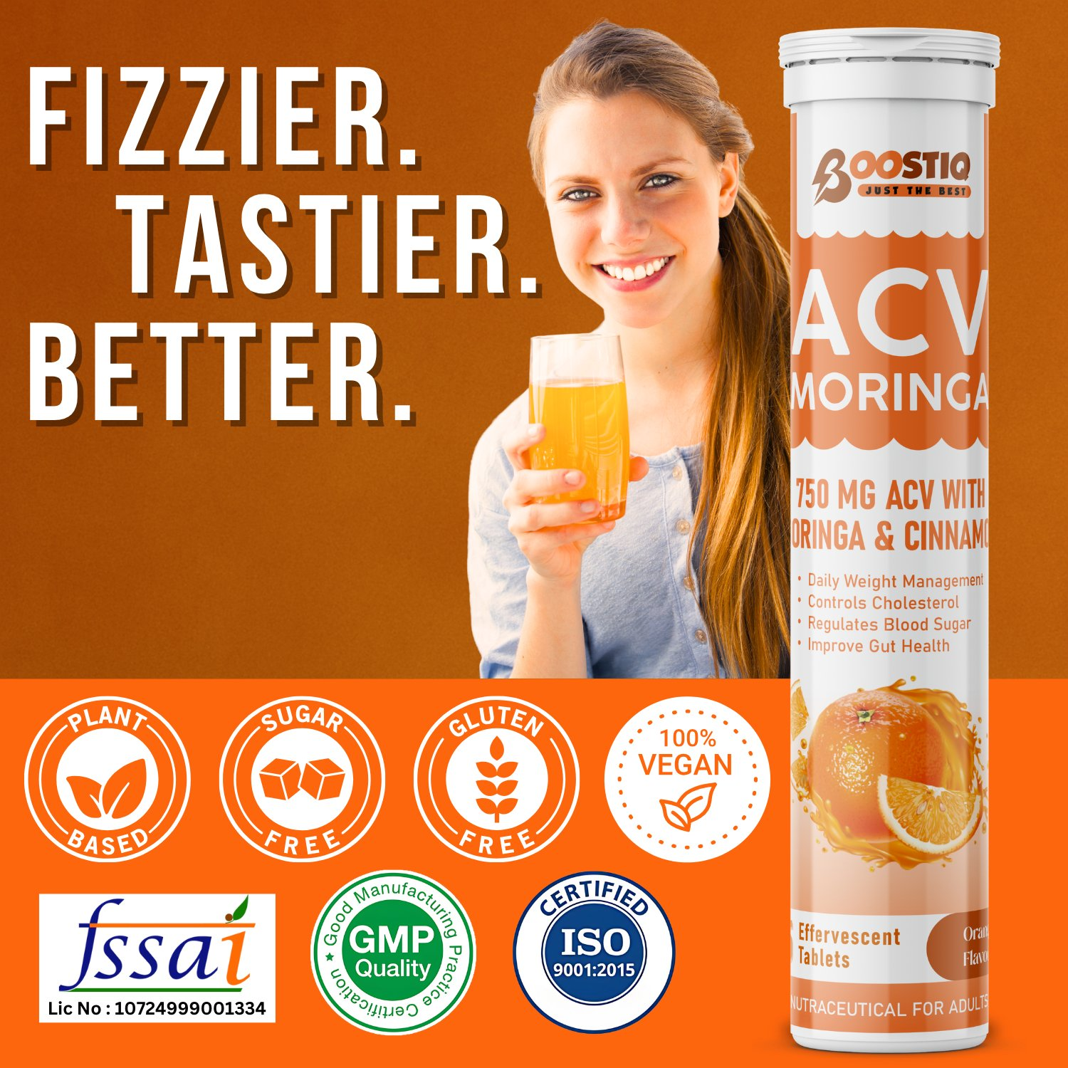 BOOSTIQ ACV Moringa & Cinnamon Effervescent Tablets - Orange Flavour | Grocsy