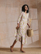 trueBrowns Pink Yellow Floral On White Block Print Cotton Wrap Dress | Relove | Grocsy