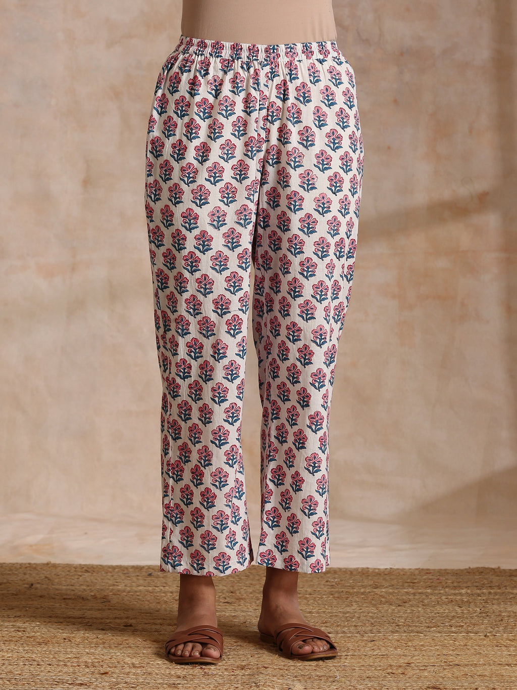 trueBrowns White With Pink Blue Floral Block Print Cotton Flared Slit Kurta Pant Set | Grocsy
