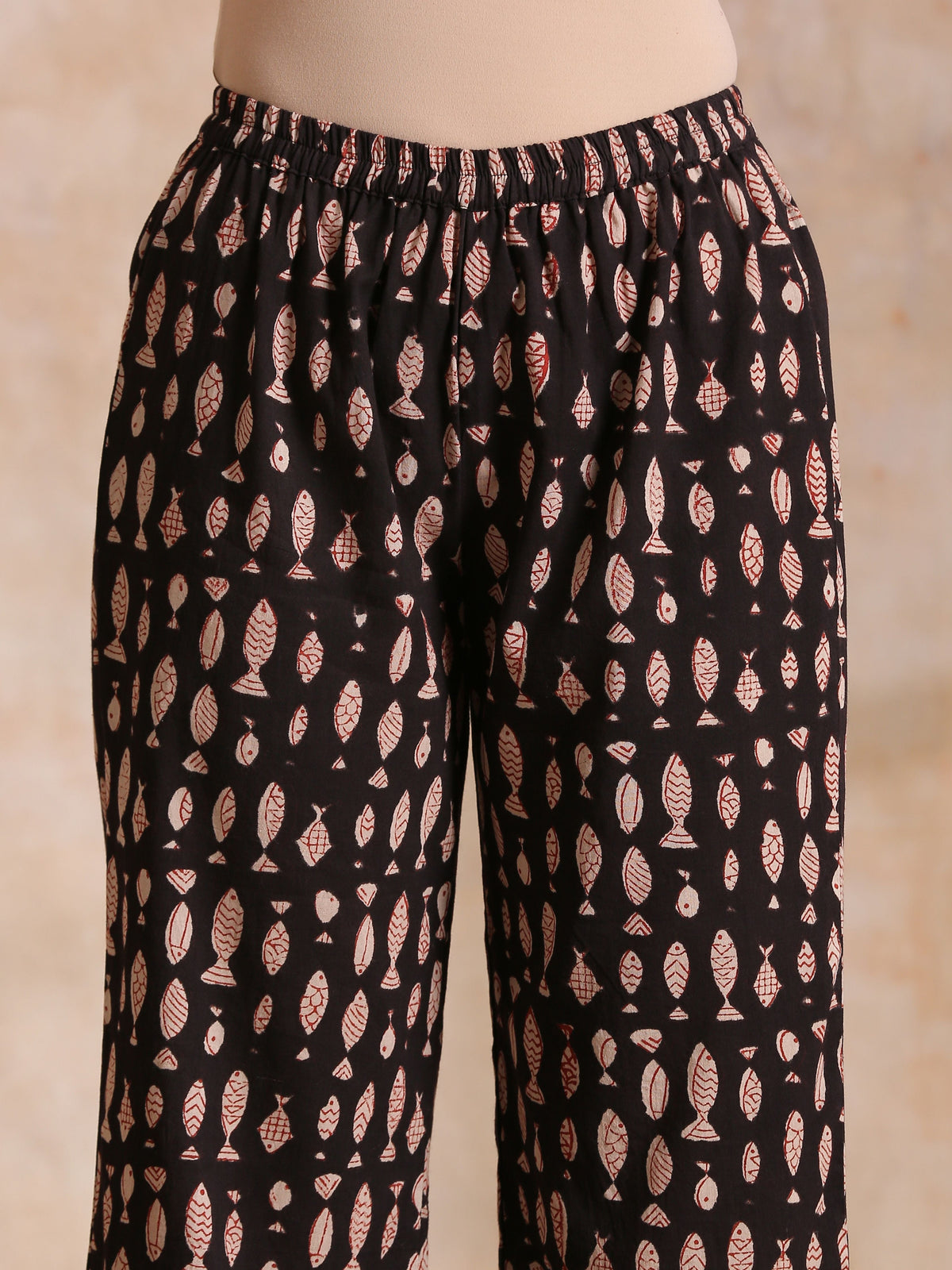 trueBrowns Black Fish Bagru Print Cotton Angrakha Pant Set | Grocsy