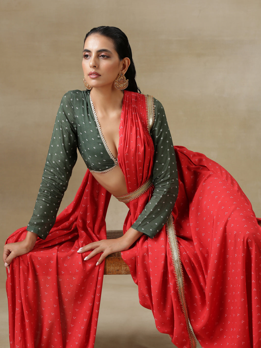 trueBrowns Red Bandhani Printed Silk Skirt Stitched Saree with Belt | Grocsy