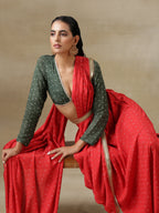 trueBrowns Red Bandhani Printed Silk Skirt Stitched Saree with Belt | Grocsy
