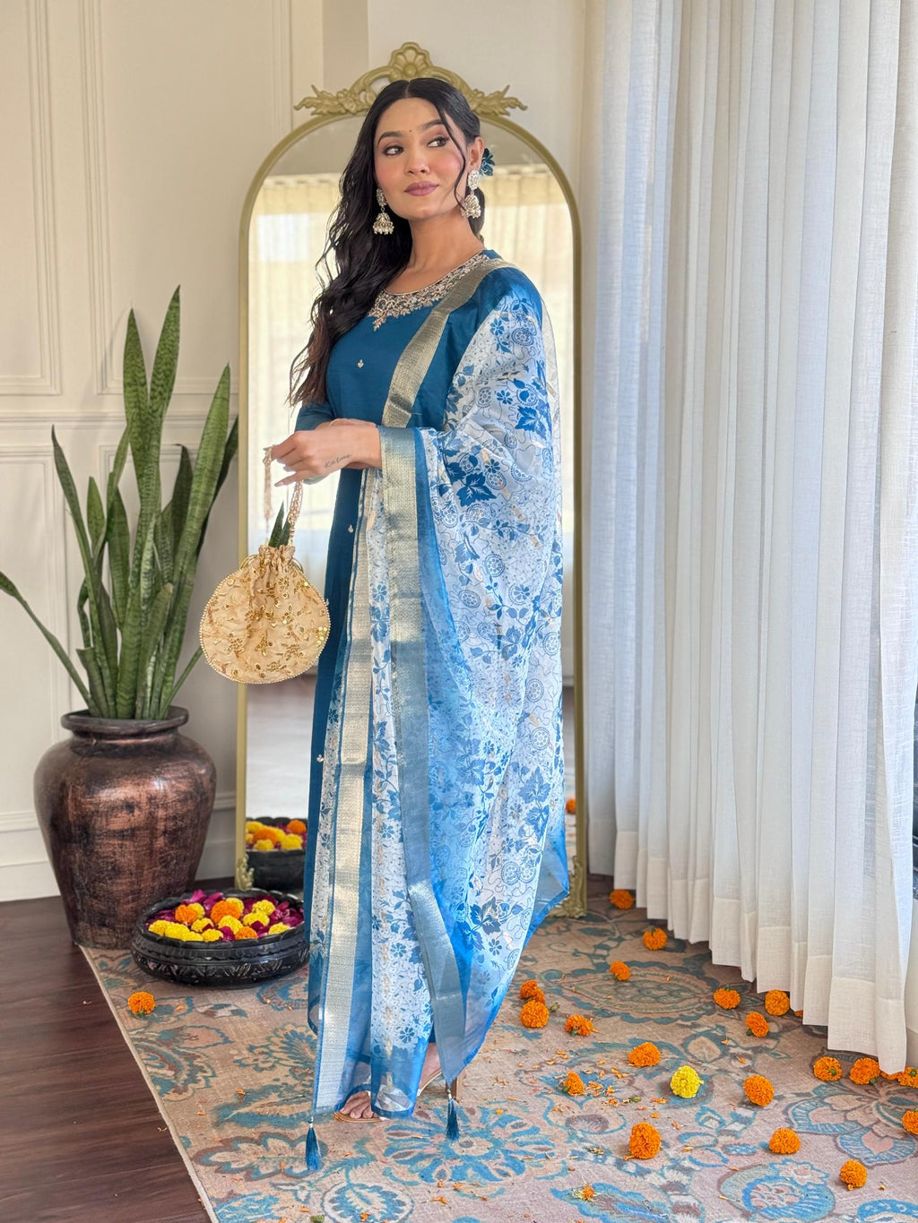 The52 Women's Beautiful Roman Silk Embroidered Straight Kurta with Pant And Dupatta Set | Grocsy