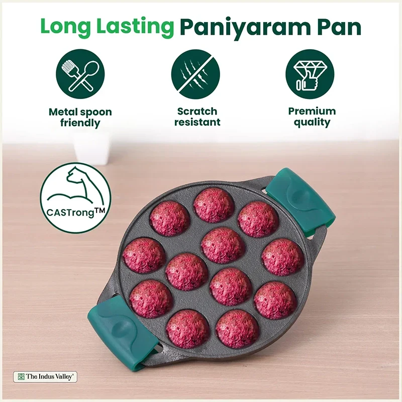 The Indus Valley 12 Pit/Cup CASTrong Cast Iron Paniyaram/Appe Pan, Pre-seasoned, with Double Handle Silicone Grip,Toxin-free, 20.8 cm, 2.2 kg | Grocsy