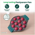 The Indus Valley 12 Pit/Cup CASTrong Cast Iron Paniyaram/Appe Pan, Pre-seasoned, with Double Handle Silicone Grip,Toxin-free, 20.8 cm, 2.2 kg | Grocsy