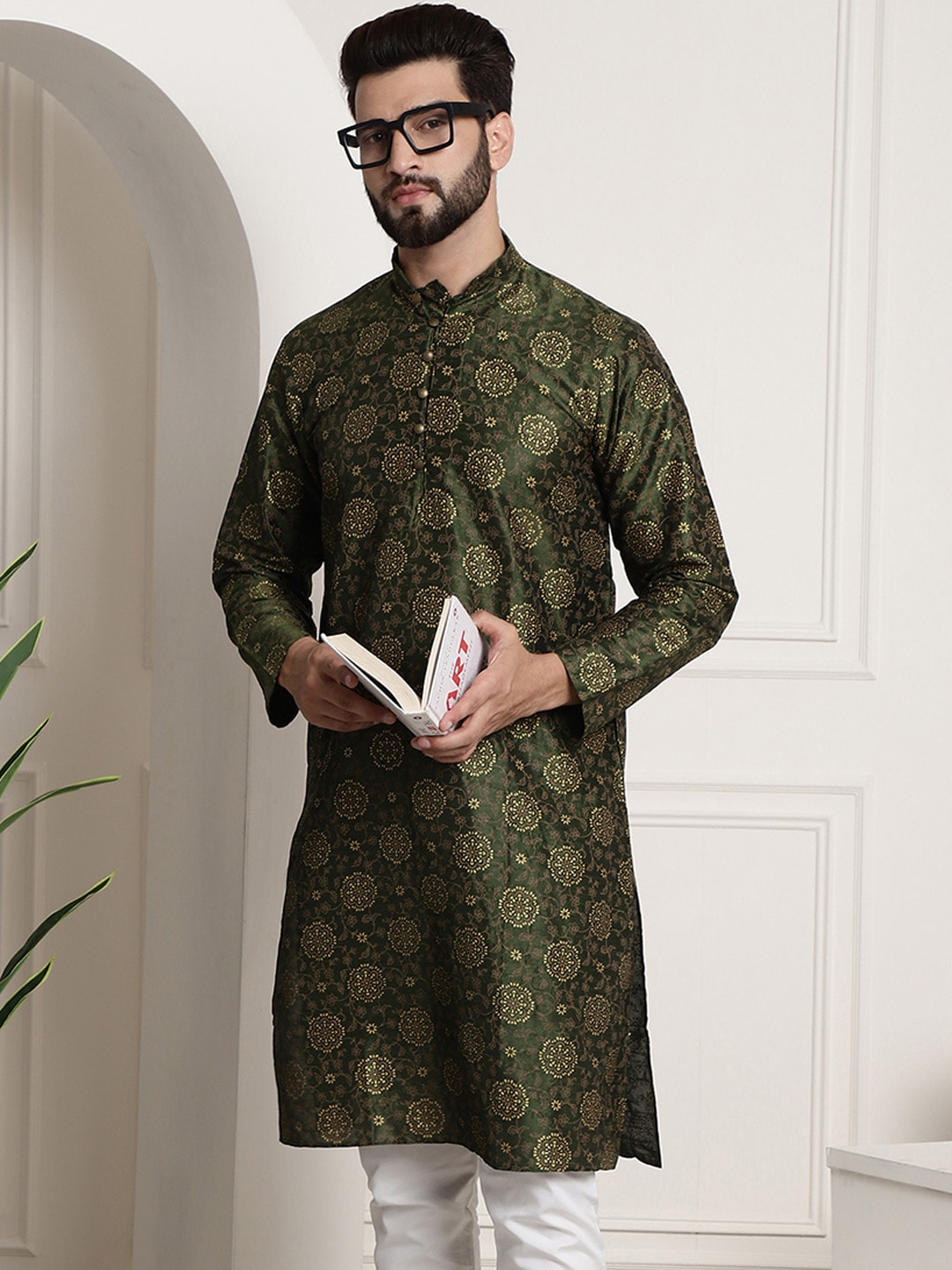 Sojanya Men Green & Brown Ethnic Motifs Printed Kurta | Grocsy