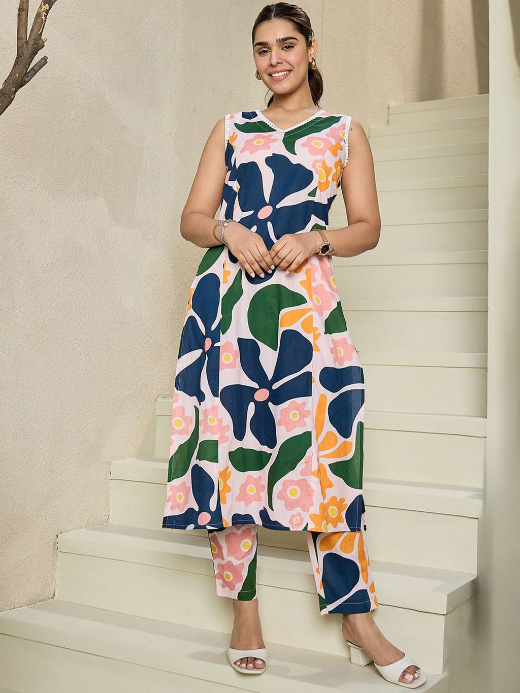 Indo Era Floral Printed V-Neck Sleeveless Pure Cotton A-Line Kurta With Trousers | Grocsy