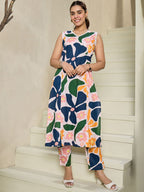 Indo Era Floral Printed V-Neck Sleeveless Pure Cotton A-Line Kurta With Trousers | Grocsy