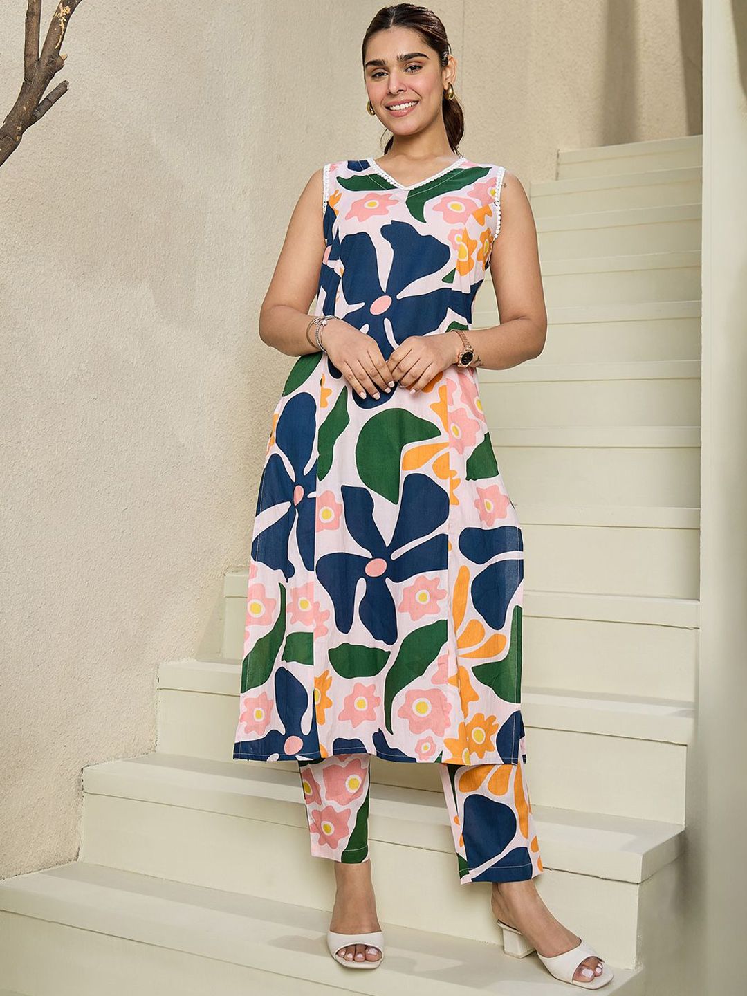 Indo Era Floral Printed V-Neck Sleeveless Pure Cotton A-Line Kurta With Trousers | Grocsy